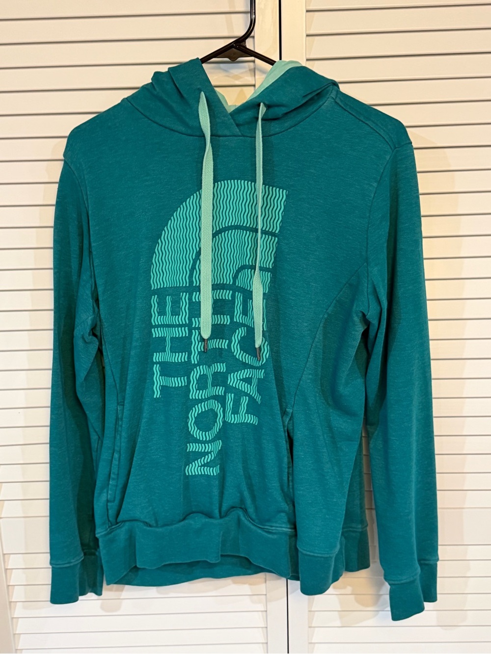 The North Face Teal Green Pullover Hoodie with Mint Drawstrings